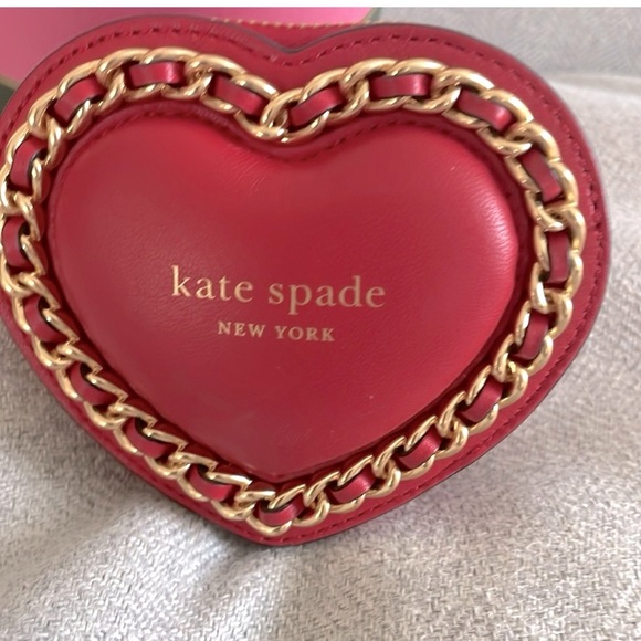 Kate Spade Amour red leather heart coin case with gold chain detail with box - Picture 2 of 13
